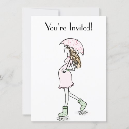 Woman With Pink Polka Dot Umbrella Green Boots Invitation