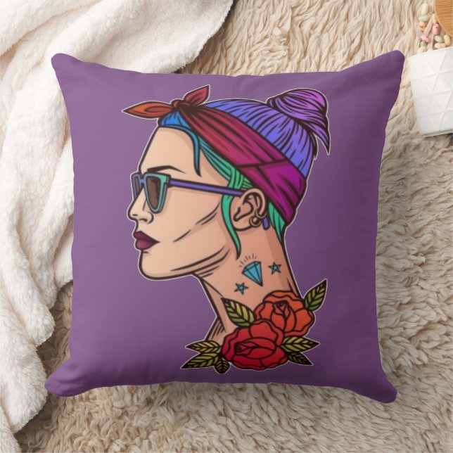Woman with Pink Purple Hair Pink Roses Sunglasses Throw Pillow (Blanket)