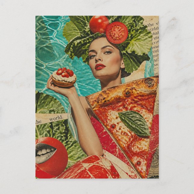 Woman with Pizza and Salad Collage Postcard (Front)