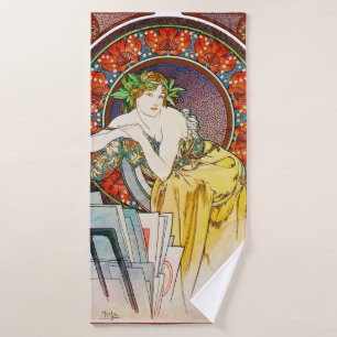 Woman with Poppy, Mucha Bath Towel