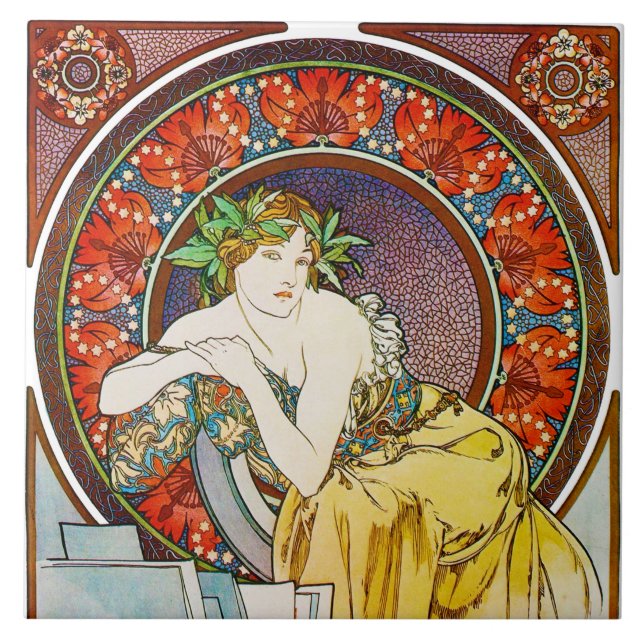 Woman with Poppy, Mucha Ceramic Tile (Front)