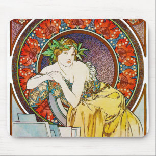 Woman with Poppy, Mucha Mouse Pad