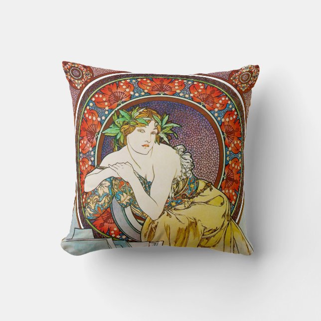 Woman with Poppy, Mucha Throw Pillow (Front)
