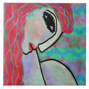 Woman with Red Hair Abstract Digital Painting Ceramic Tile