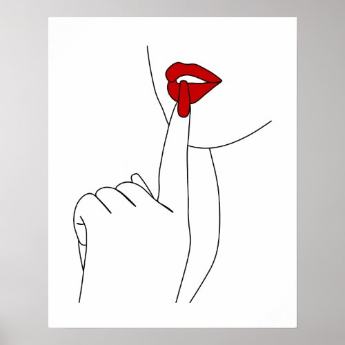 Woman With Red Lips And Red Nails Line Art Poster