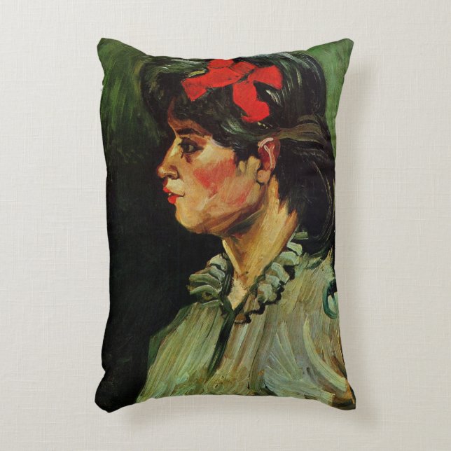 Woman with Red Ribbon Portrait by Vincent van Gogh Accent Pillow (Front(Vertical))