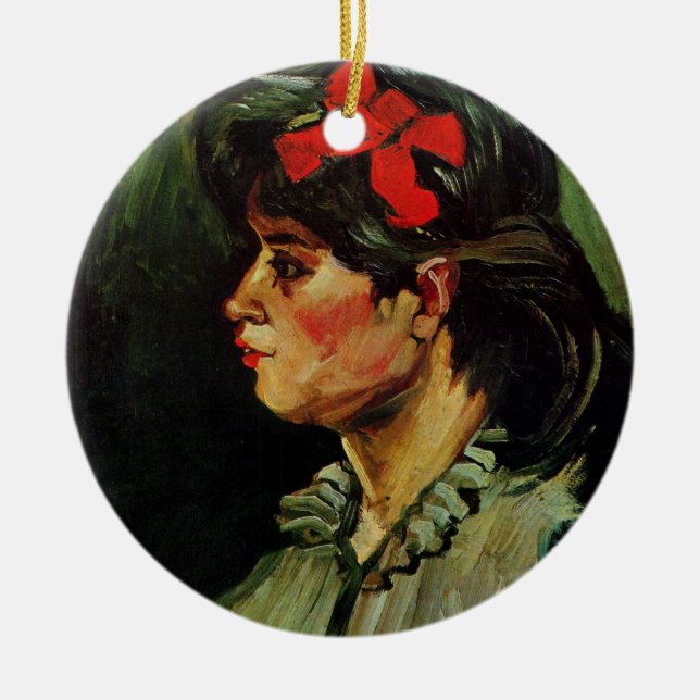 Woman with Red Ribbon Portrait by Vincent van Gogh Ceramic Ornament (Front)
