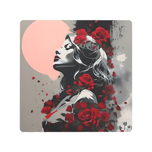 Woman with Red Roses Metal Print (Front)