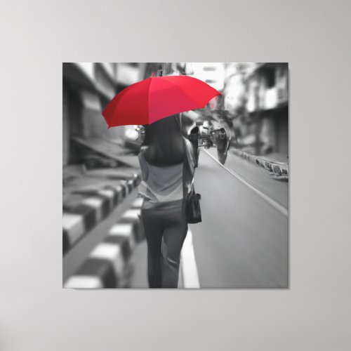 Woman with red umbrella black and white style canvas print