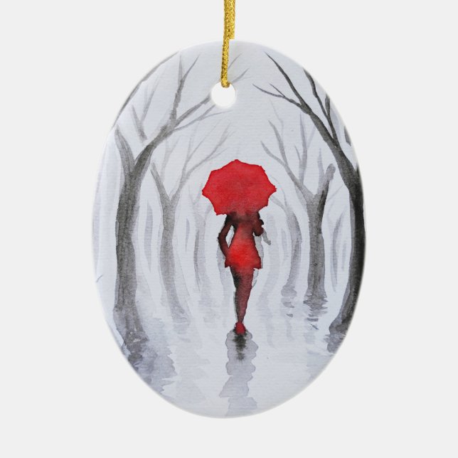 Woman with red umbrella ceramic ornament (Front)