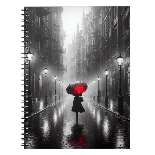 Woman With Red Umbrella In The Rain Notebook (Front)