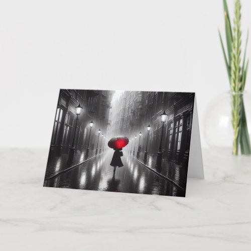 Woman With Red Umbrella Thinking Of You Card