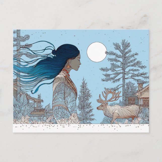 Woman with reindeer in the snow by log cabin holiday postcard (Front)