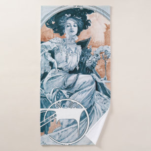 Woman with Rose, Mucha Bath Towel