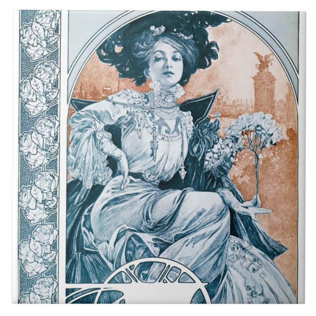 Woman with Rose, Mucha Ceramic Tile (Front)