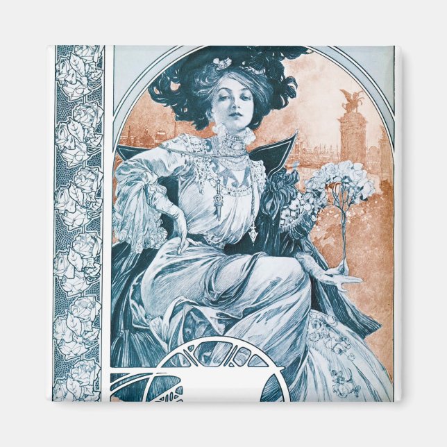 Woman with Rose, Mucha Magnet (Front)