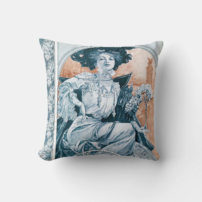 Woman with Rose, Mucha Throw Pillow (Front)