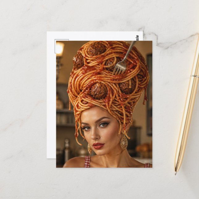 Woman with Spaghetti and Meatballs Hair Postcard (Front/Back In Situ)