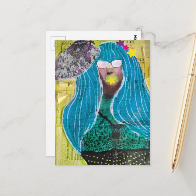 Woman With Stars in her Hair Mixed Media Collage Postcard (Front/Back In Situ)