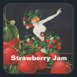 WOMAN WITH STRAWBERRIES Art Nouveau Strawberry Jam Square Sticker<br><div class="desc">Woman with strawberries , vintage elaboration for preserve,  jam label.</div>