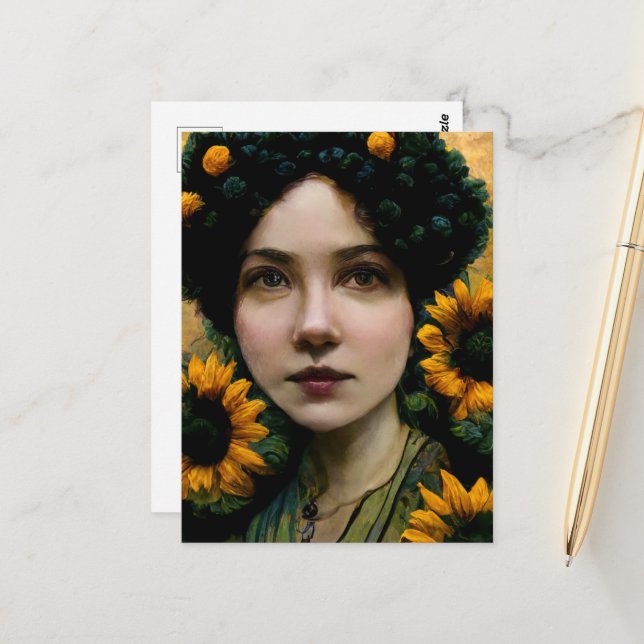 Woman with Sunflowers Postcard (Front/Back In Situ)