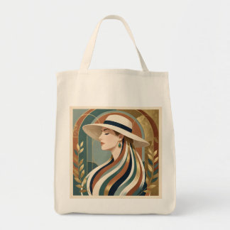 Woman with sunhat art deco tote bag