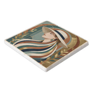 Woman with sunhat art deco trivet