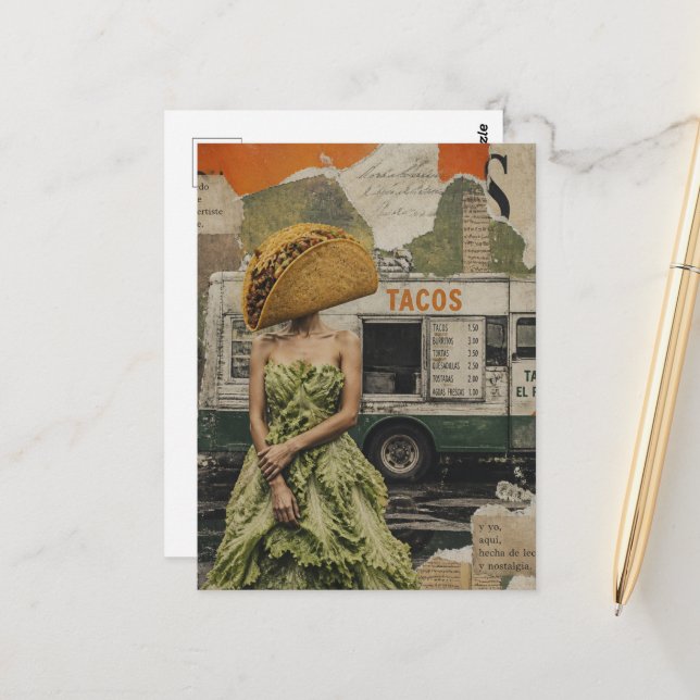  Woman With Taco For Head and Lettuce Dress Postcard (Front/Back In Situ)