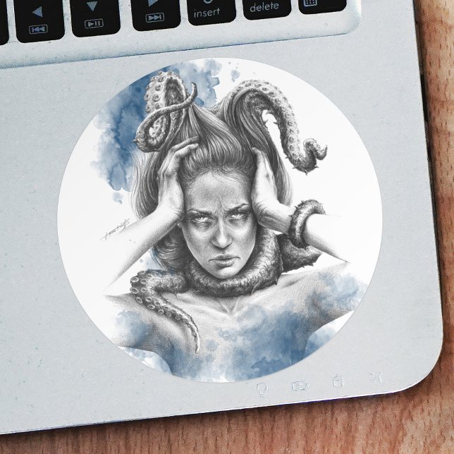 Woman with tentacles in hair fantasy surreal art classic round sticker (Creator Uploaded)
