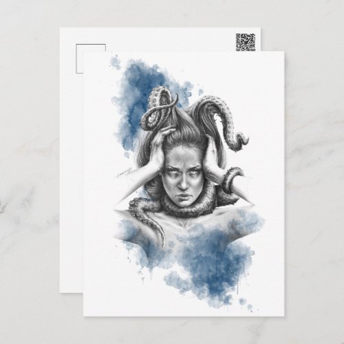 Woman with tentacles in hair fantasy surreal art postcard