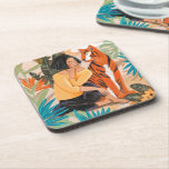 Woman with tiger sunset jungle beverage coaster<br><div class="desc">An beautiful woman with a tiger in a tropical jungle with sunset. Original artwork by Caroline Bonne Müller.</div>