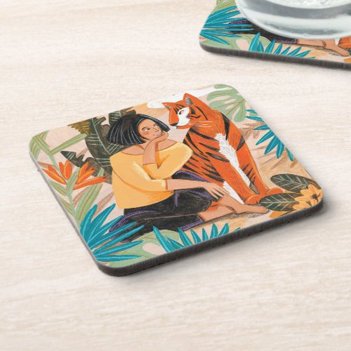 Woman with tiger sunset jungle beverage coaster