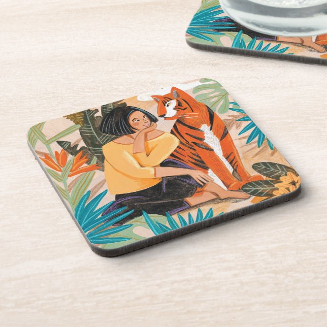Woman with tiger sunset jungle beverage coaster (Left Side)