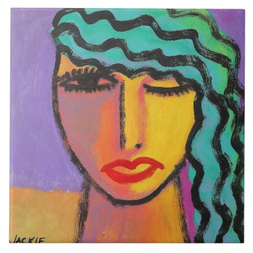 Woman with Turquoise Hair Abstract Portrait Ceramic Tile