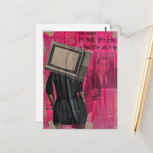 Woman With TV Head Newspaper Mixed Media Collage Postcard (Front/Back In Situ)