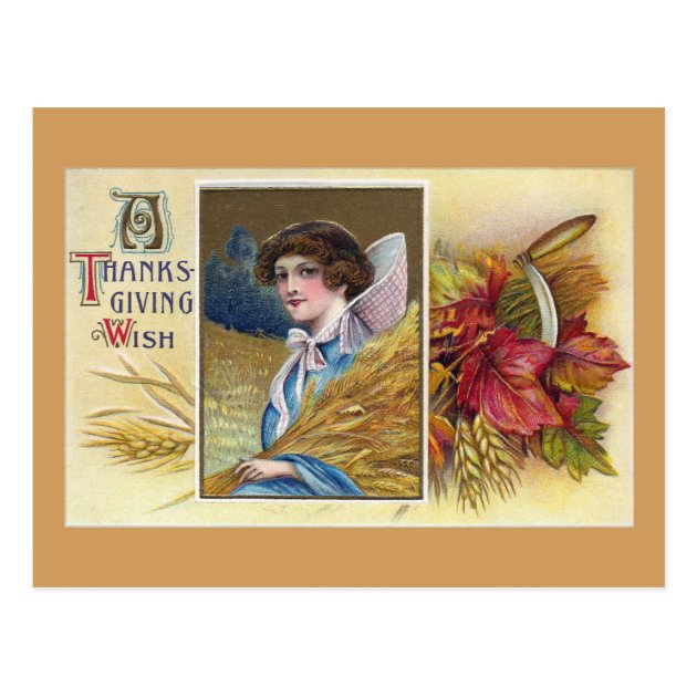 Woman With Wheat Vintage Thanksgiving Postcard