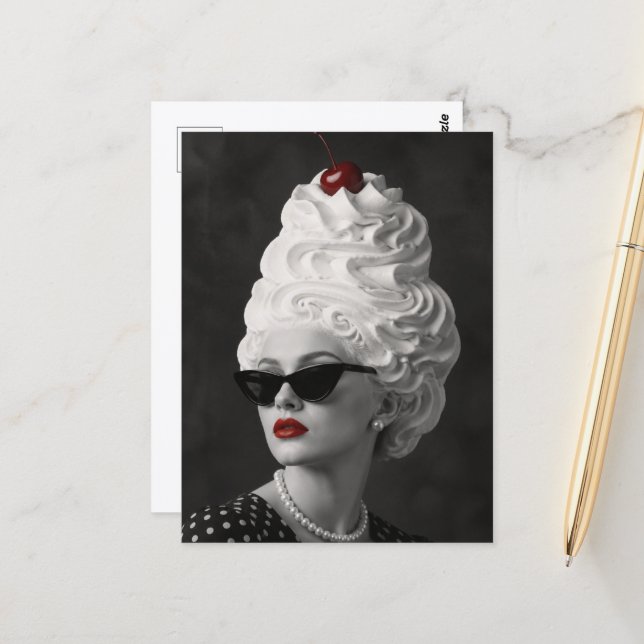 Woman with Whipped Cream and a Cherry Hair Postcard (Front/Back In Situ)
