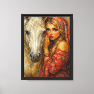 Woman with White Horse Canvas Wall Art