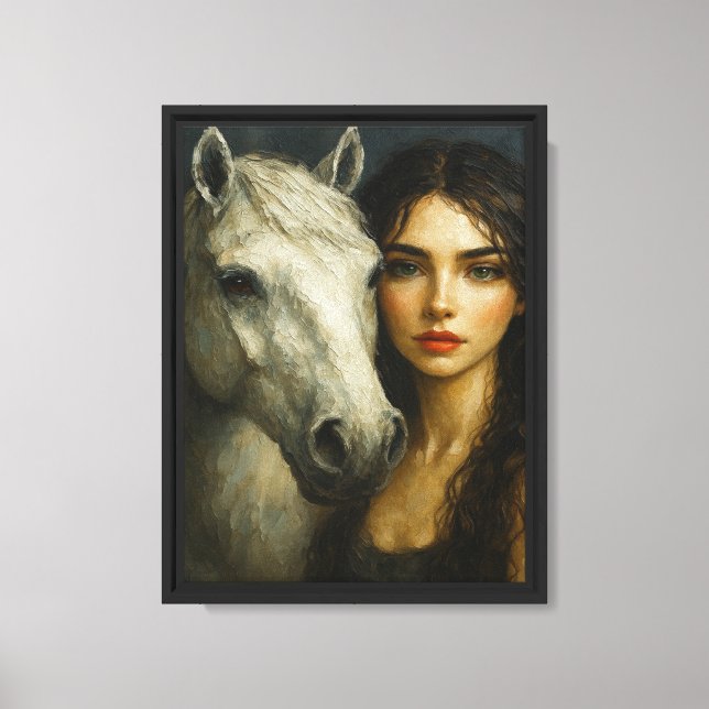 Woman with White Horse Canvas Wall Art (Front)
