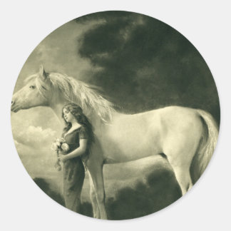 Woman with white horse classic round sticker