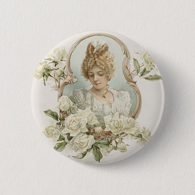 Woman with White Roses Button (Front)