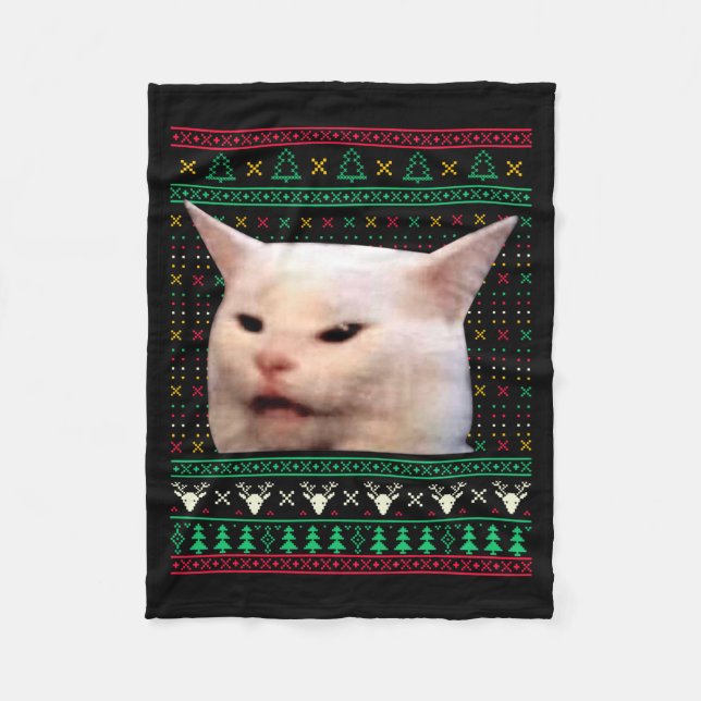 Woman Yelling At A Cat Ugly X-mas Sweaters Funny M Fleece Blanket (Front)