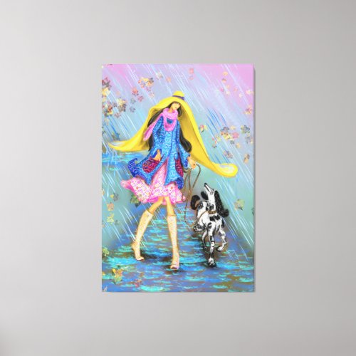 Womanl with Dog in the Rain Canvas Print Autumn