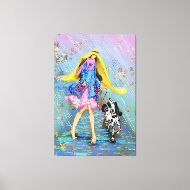 Womanl with Dog in the Rain Canvas Print Autumn (Front)