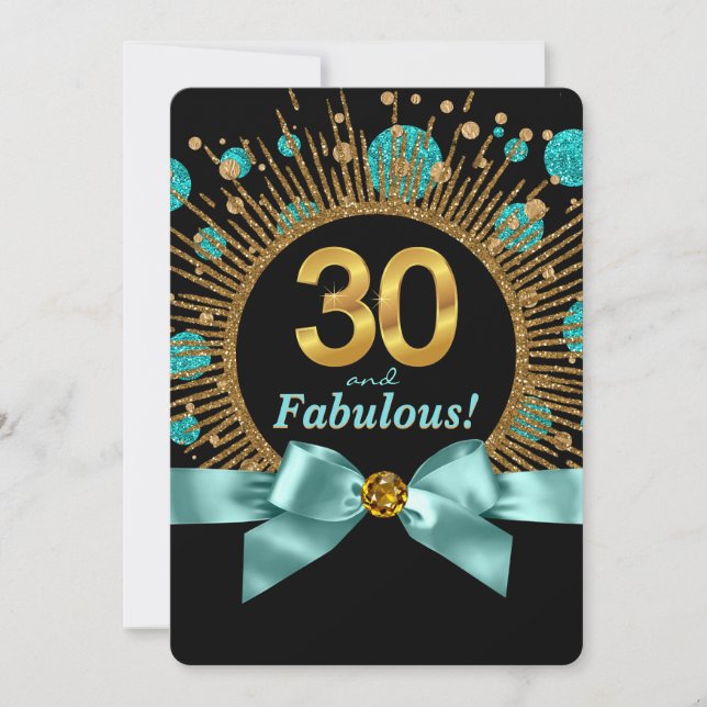Womans 30th Birthday Teal Blue and Gold Glitter Invitation (Front)