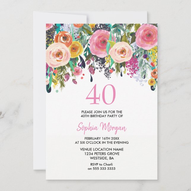 Womans 40th Birthday Party Invite Pink Flowers (Front)
