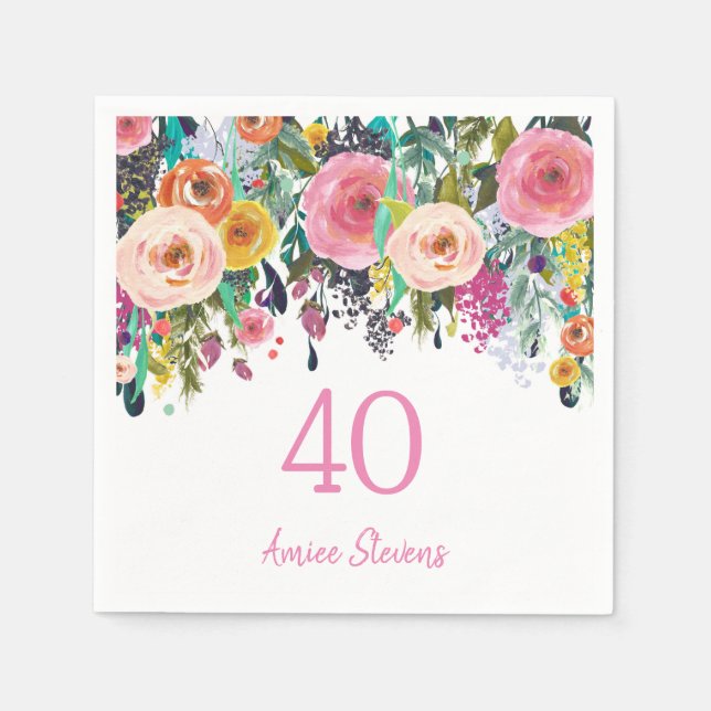 Womans 40th Birthday Party Pink Flower Peach Paper Napkins (Front)