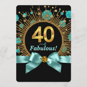Womans 40th Birthday Teal Blue and Gold Glitter Invitation