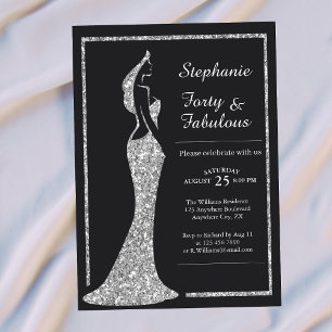 Woman's 40th Modern Silver Cocktail Dress Birthday Invitation