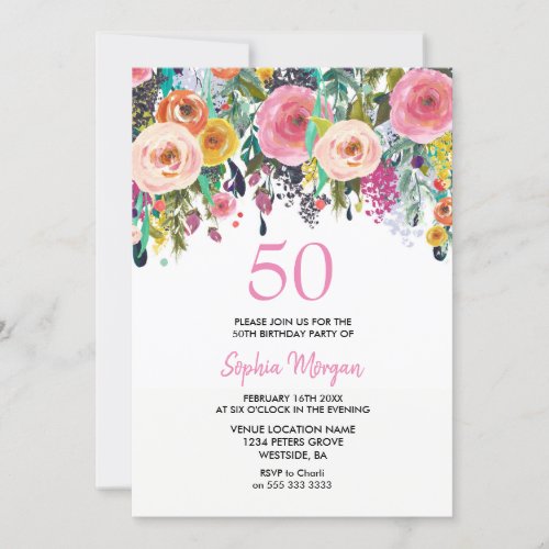 Womans 50th Birthday Party Invite Pink Flowers